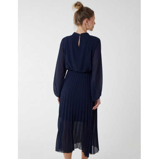 High Neck Pleated Midi Dress