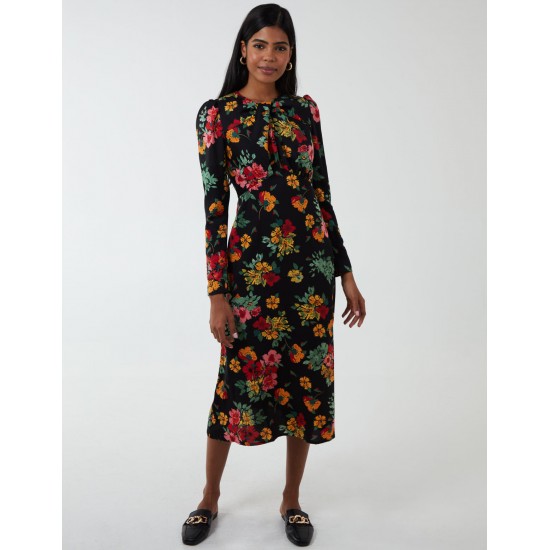 Floral Twist Panel Fit And Flare Midi Dress