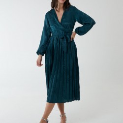 Jacquard Wrap Front Belted Pleated Midi Dress