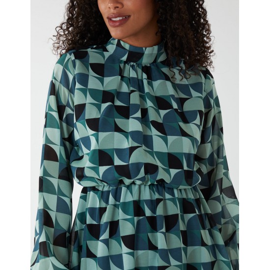 Geometric Print Blouson Dress