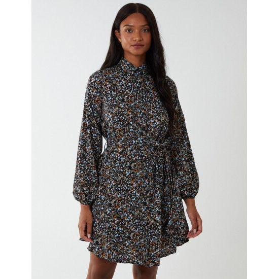 Multi Floral Print Mini Shirt Dress