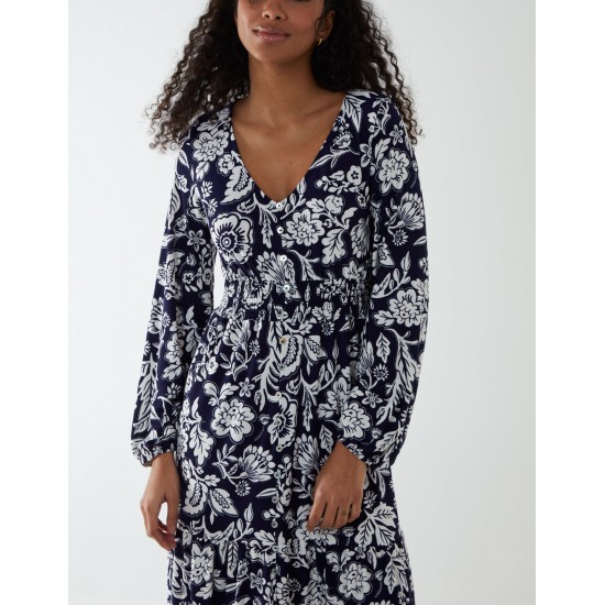 Floral Button Front Midi Dress