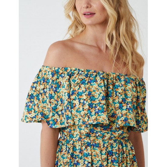 Bardot Ruffle Shoulder Midi Dress