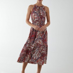 Paisley Halter Neck Keyhole Midi Dress