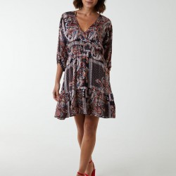 Paisley Wrap Front Pleated Kimono Sleeve Dress