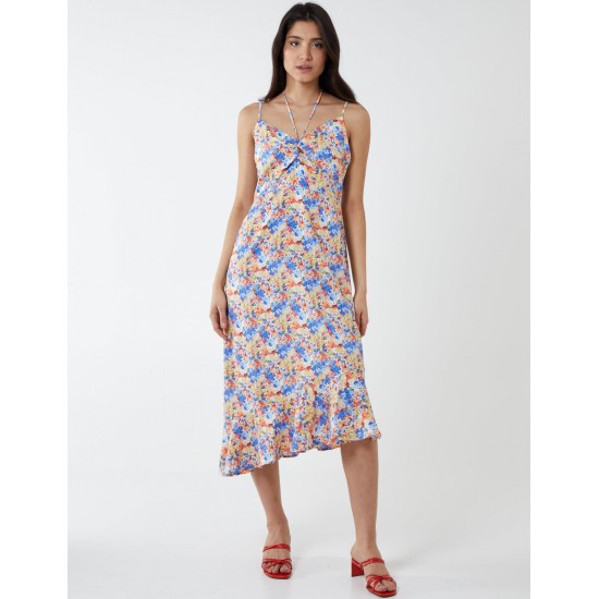 Twist Front Floral Print Midi Dress