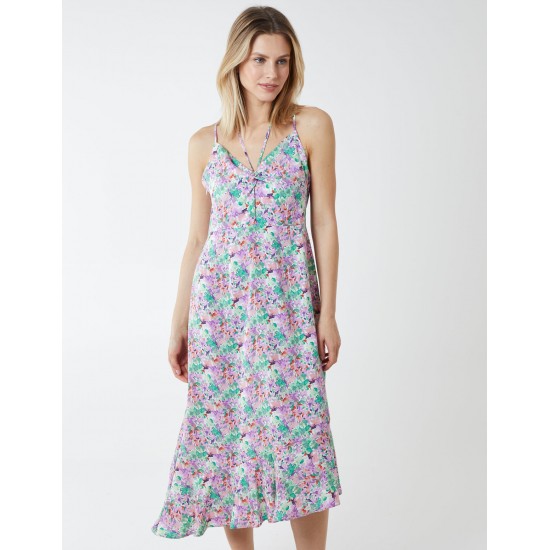 Twist Front Floral Print Midi Dress