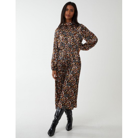 Abstract Animal Print High Neck Blouson Dress