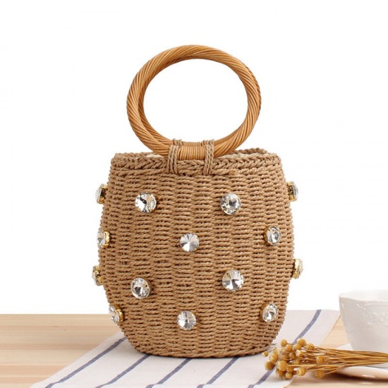 Circle Handle Straw Bucket Bag