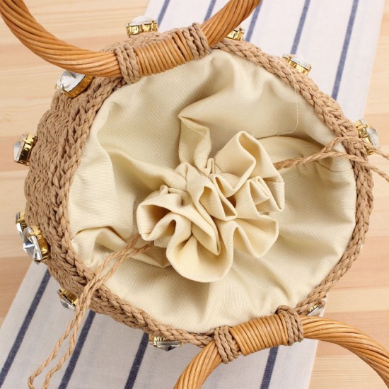 Circle Handle Straw Bucket Bag